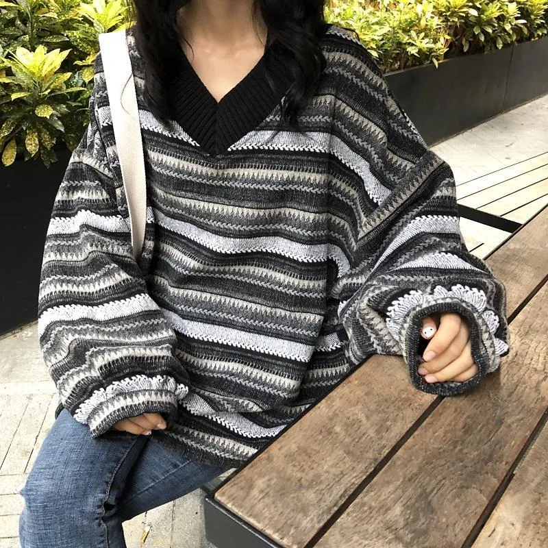 V-Neck Striped Korean Aesthetic Knitted Sweater