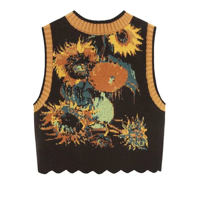 Van Gogh Sunflowers Folk Style Artist Sweater Vests Knitted Reversible Clothes