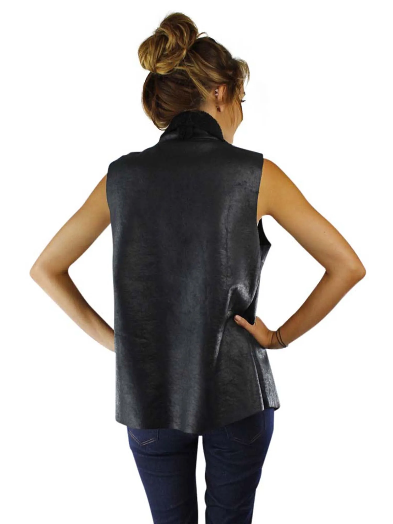 Vegan Leather Fur Lined Vest With Collar