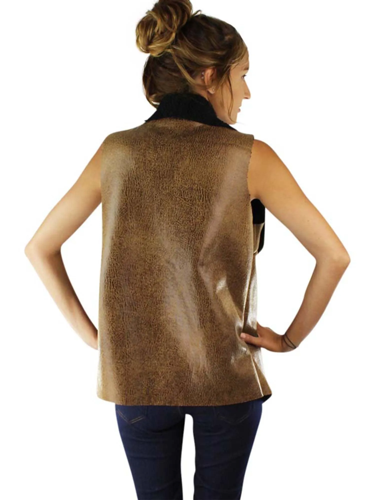 Vegan Leather Fur Lined Vest With Collar