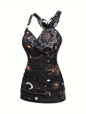 Vibrant Starry Sky Print Tank Top - Ring Linked with Fluttering Butterfly Lace - Effortlessly Chic Summer Wear for Women