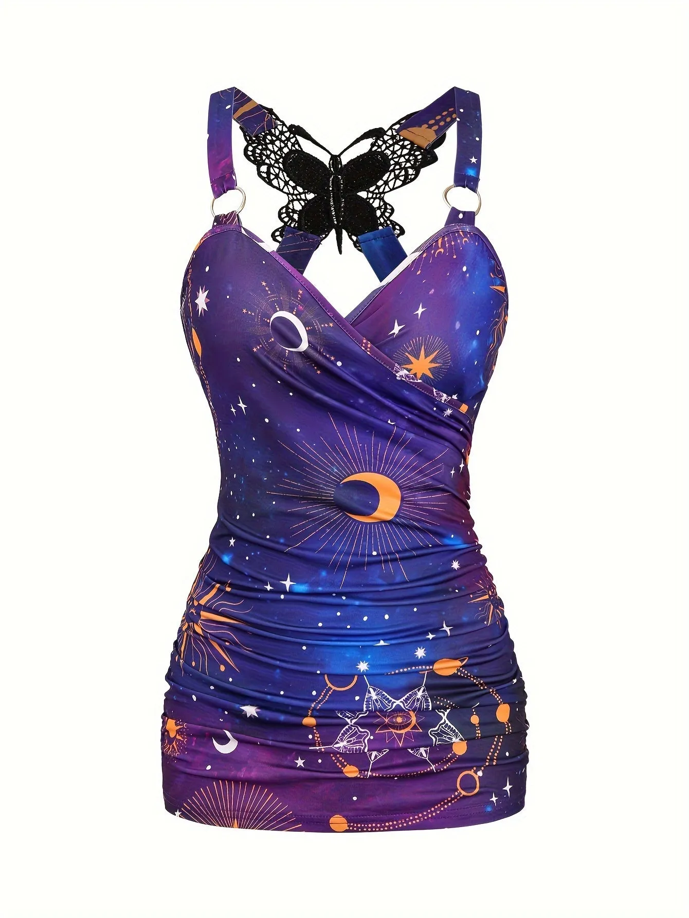 Vibrant Starry Sky Print Tank Top - Ring Linked with Fluttering Butterfly Lace - Effortlessly Chic Summer Wear for Women