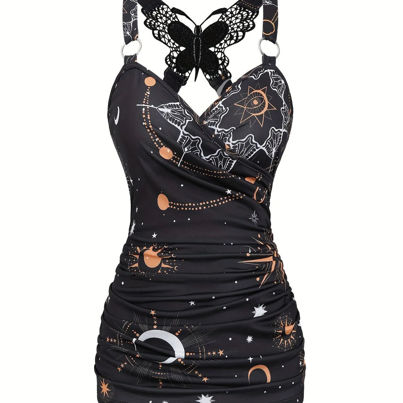 Vibrant Starry Sky Print Tank Top - Ring Linked with Fluttering Butterfly Lace - Effortlessly Chic Summer Wear for Women