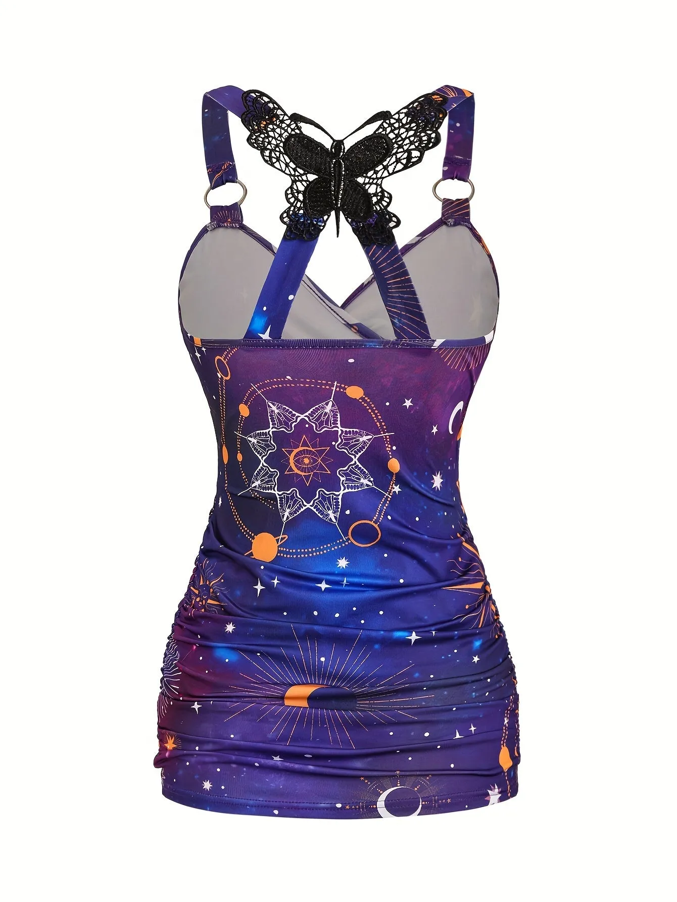 Vibrant Starry Sky Print Tank Top - Ring Linked with Fluttering Butterfly Lace - Effortlessly Chic Summer Wear for Women