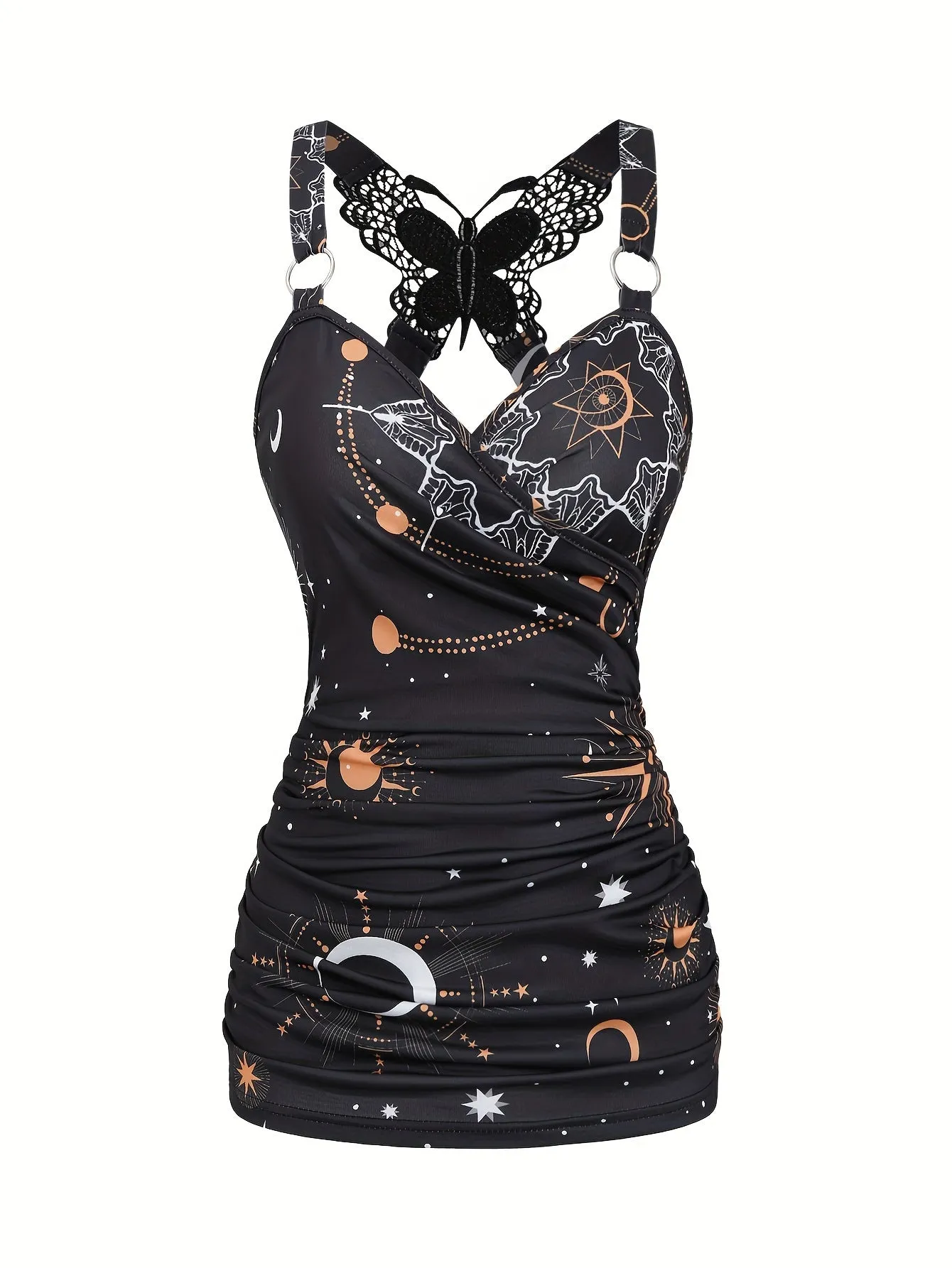 Vibrant Starry Sky Print Tank Top - Ring Linked with Fluttering Butterfly Lace - Effortlessly Chic Summer Wear for Women