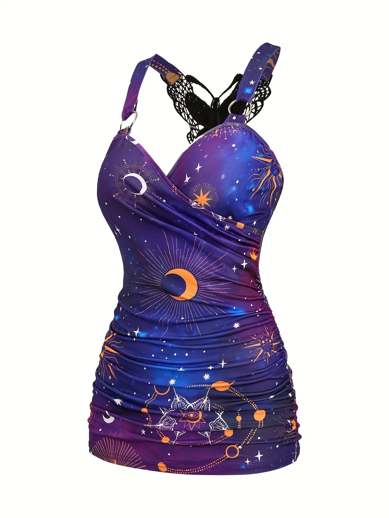 Vibrant Starry Sky Print Tank Top - Ring Linked with Fluttering Butterfly Lace - Effortlessly Chic Summer Wear for Women