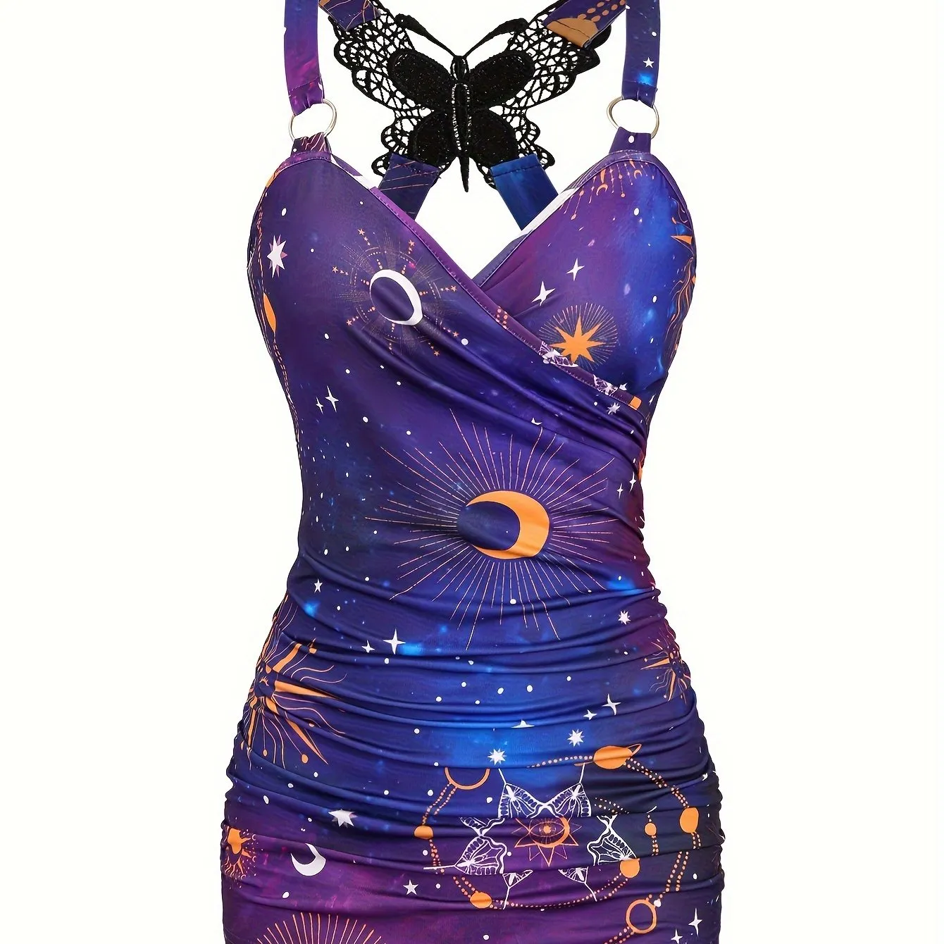 Vibrant Starry Sky Print Tank Top - Ring Linked with Fluttering Butterfly Lace - Effortlessly Chic Summer Wear for Women