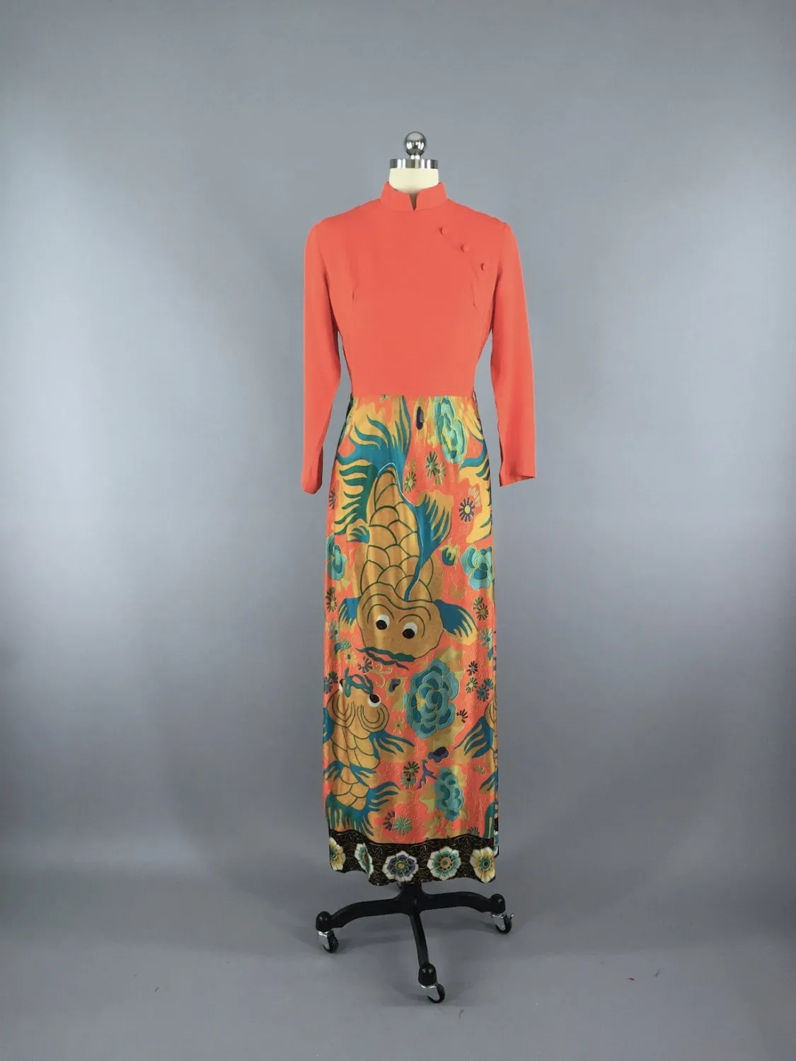 Vintage 1960s Maxi Dress / Novelty Print Koi Fish