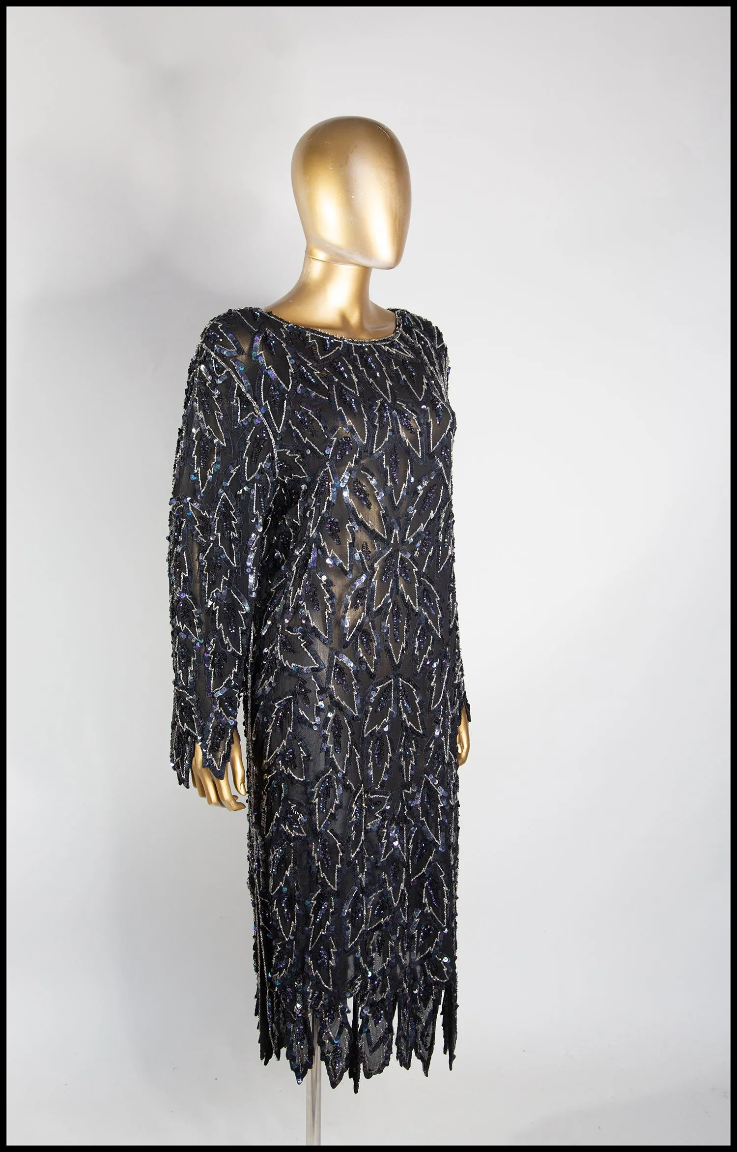 Vintage 1980s Black Beaded Silk Dress