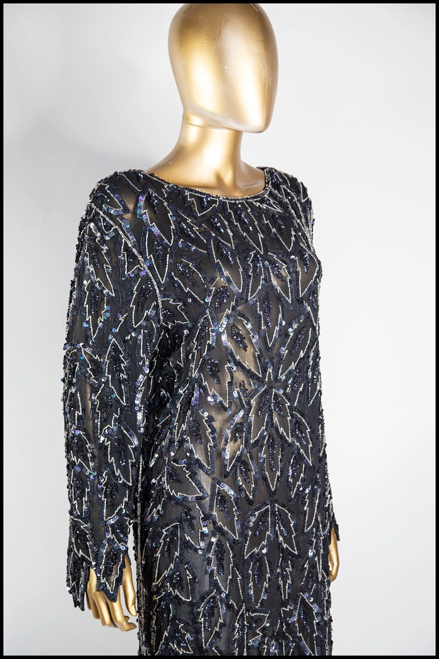 Vintage 1980s Black Beaded Silk Dress