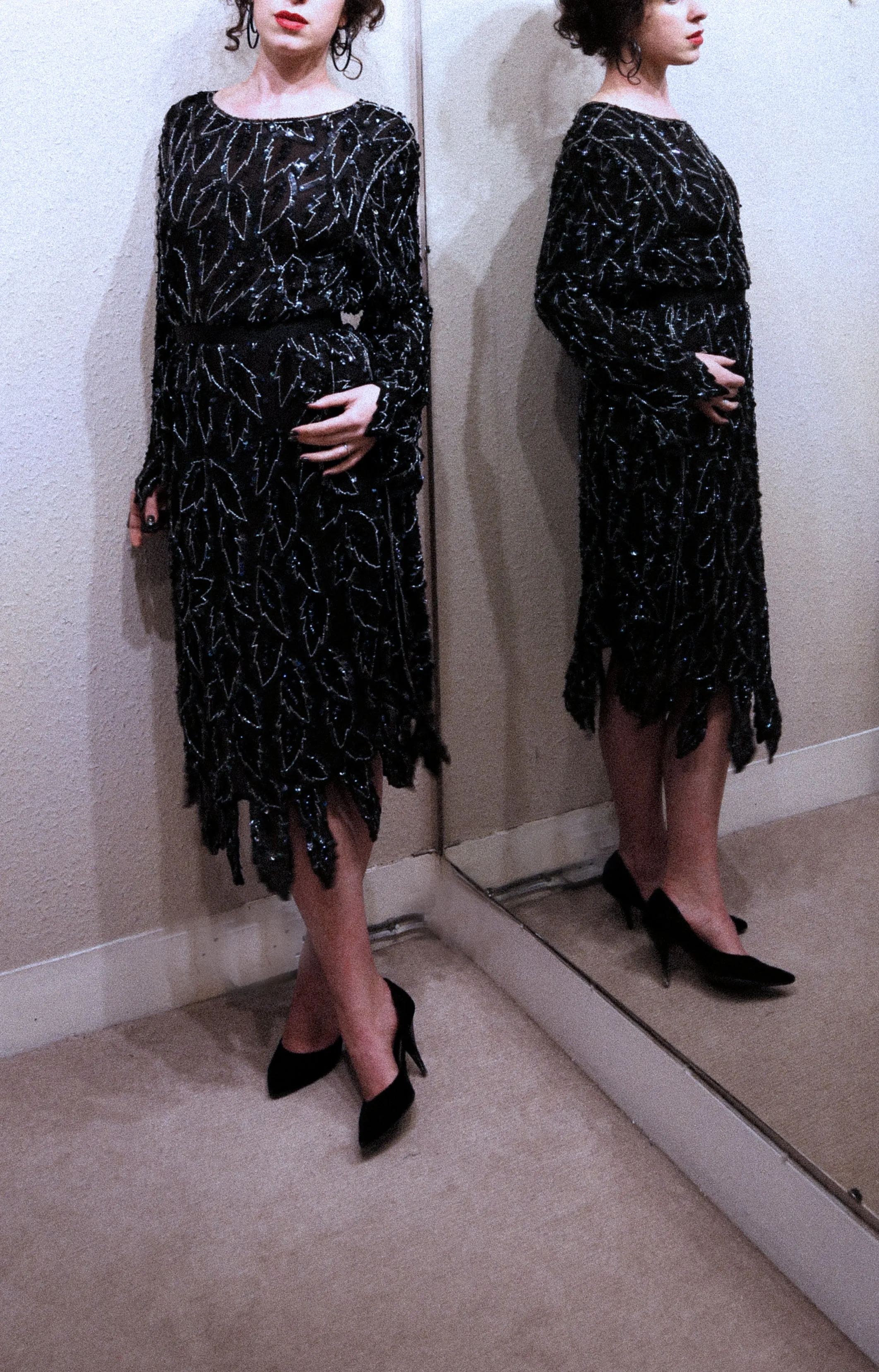 Vintage 1980s Black Beaded Silk Dress