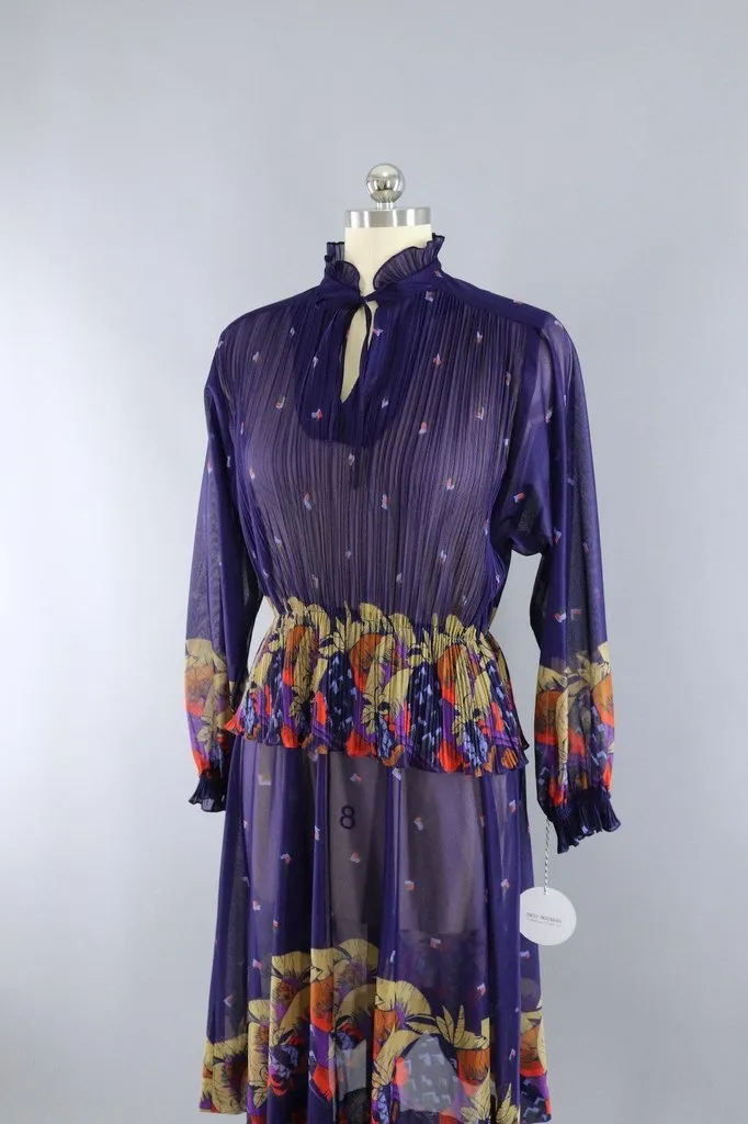 Vintage Sheer Purple Floral Peplum Dress