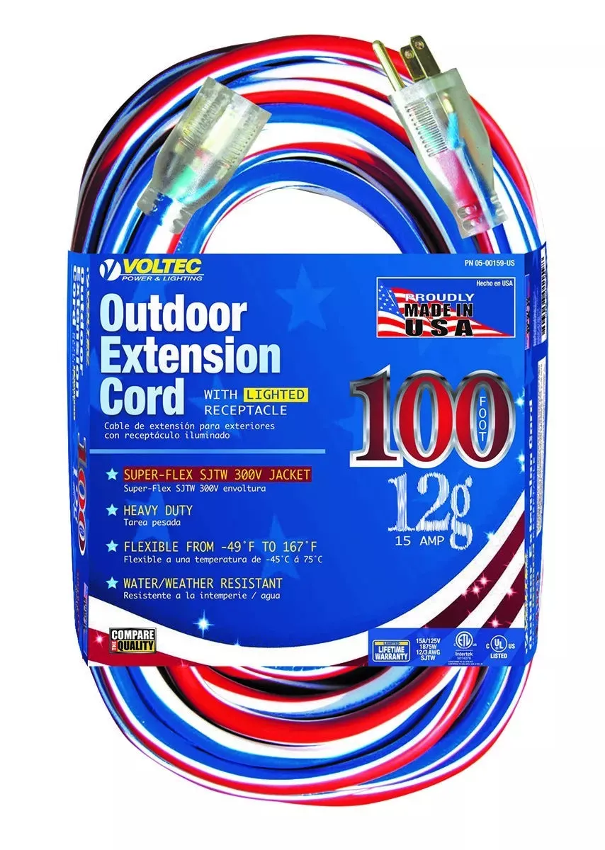 Voltec 100' 12/3 SJTW Outdoor Extension Cord w/ Lighted Ends 0500159US