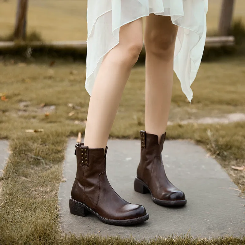 Washed Cowhide Ankle Boots Chelsea Boots Back Zip Boots For Women in Brown/Black