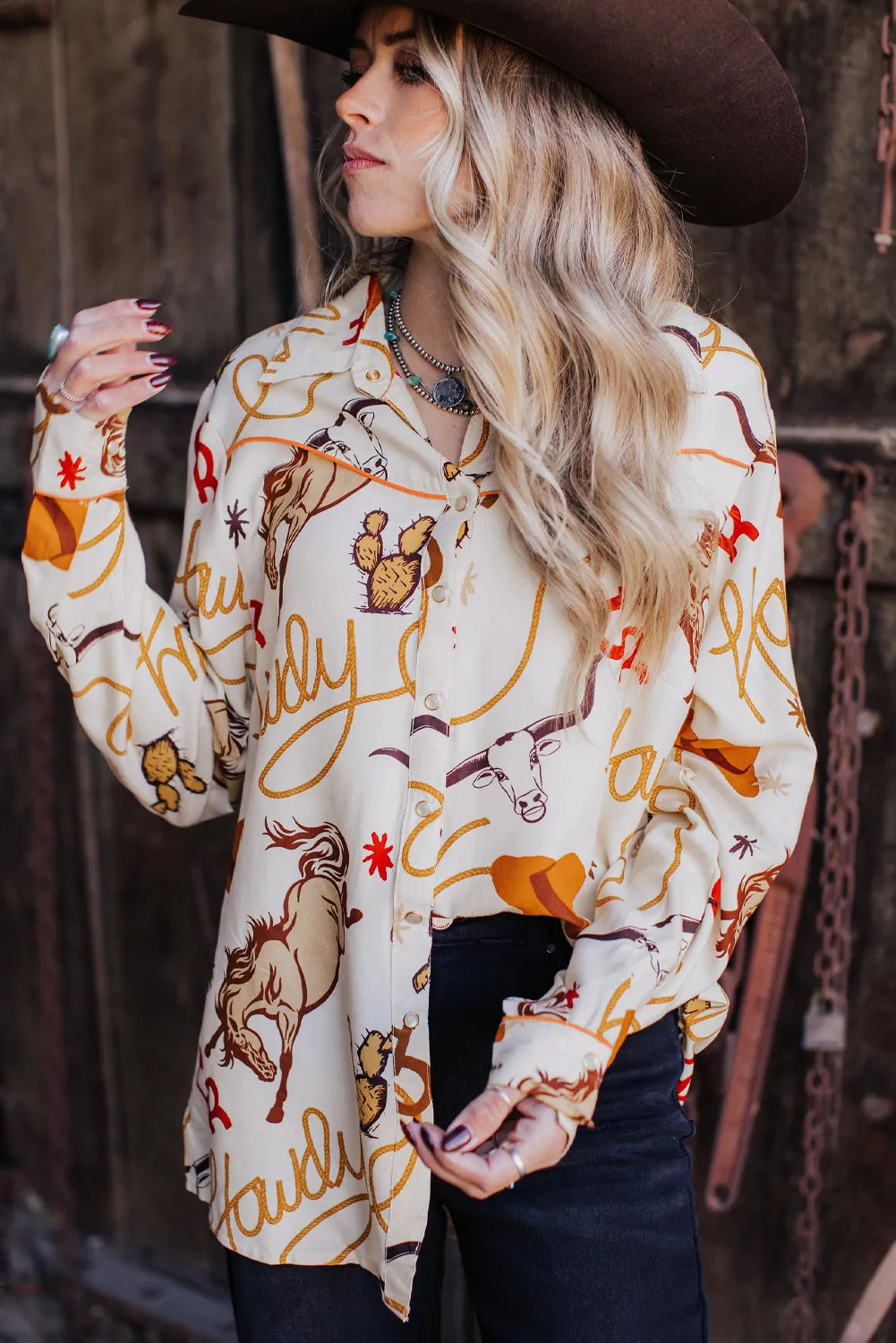 Western Beige "Howdy" Western Loose Shirt