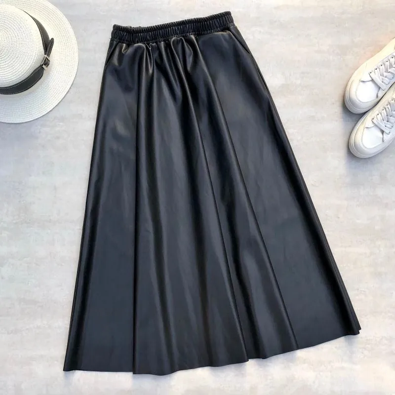 Winter Flare Elastic Waist Genuine Leather A-line Skirts