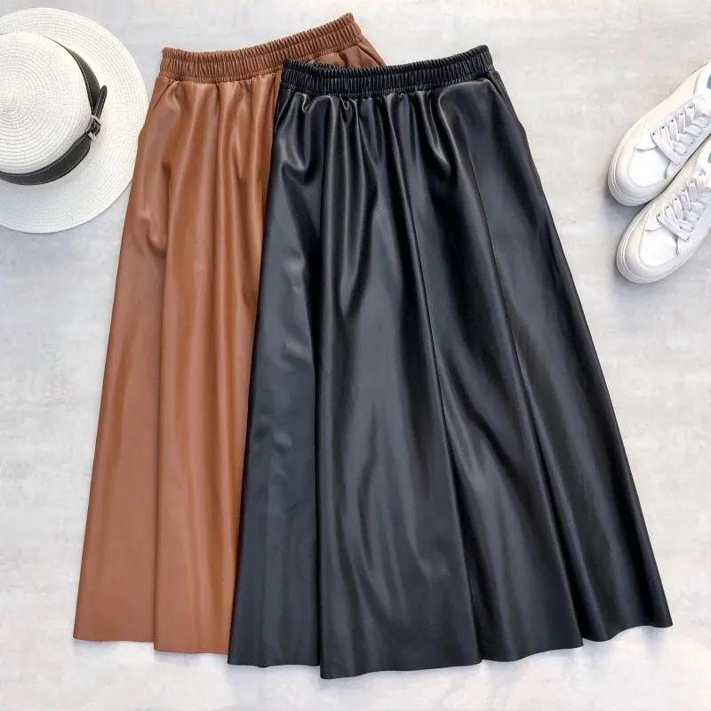 Winter Flare Elastic Waist Genuine Leather A-line Skirts