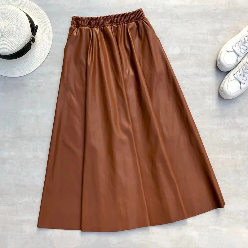 Winter Flare Elastic Waist Genuine Leather A-line Skirts