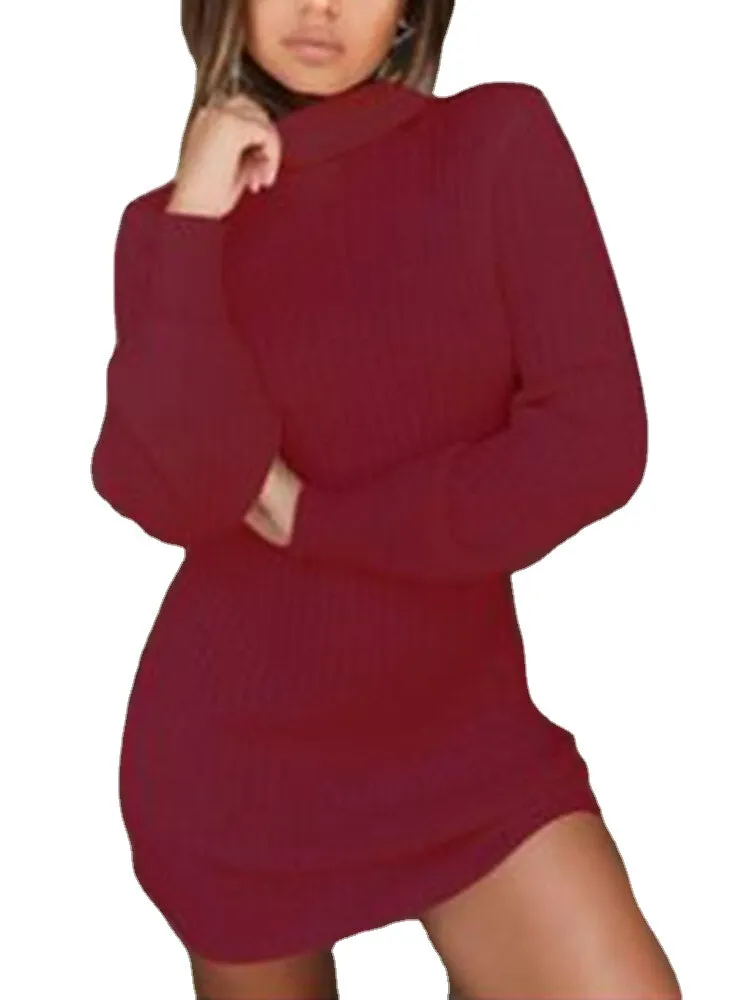 Women High Neck Solid Color Long Sleeve Casual Sweater Dress