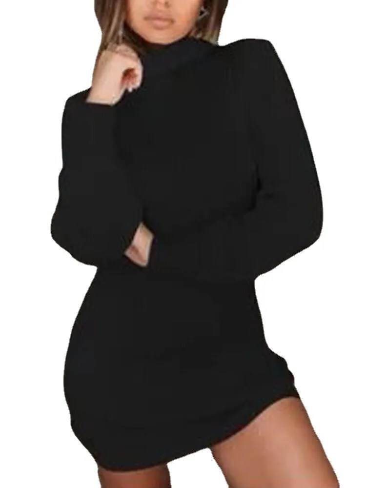 Women High Neck Solid Color Long Sleeve Casual Sweater Dress