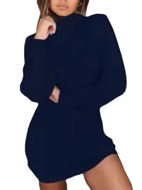 Women High Neck Solid Color Long Sleeve Casual Sweater Dress