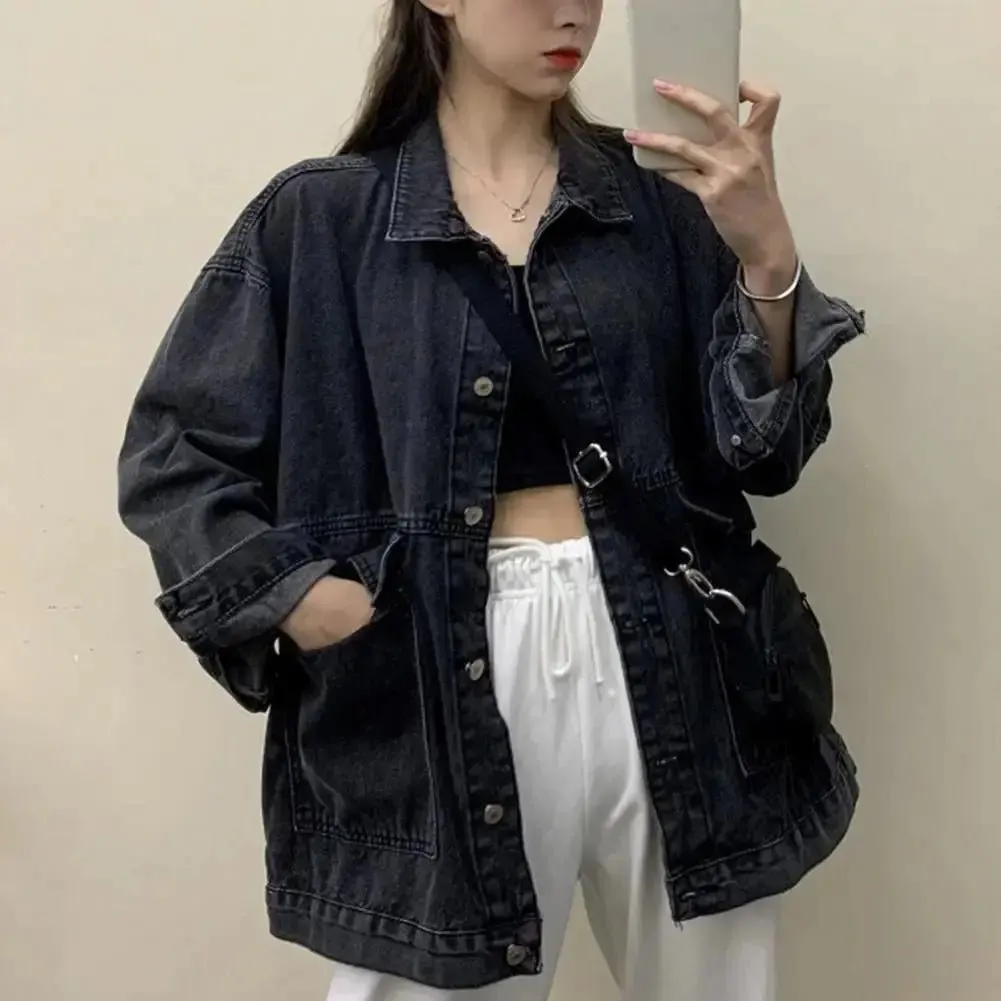 Women Jacket Washed Denim Single-breasted Cardigan Buttons Keep Warm Long Sleeves Turn-down Collar Women Coat Female Clothes