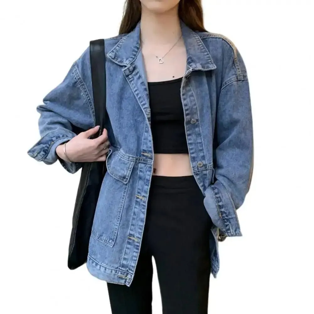 Women Jacket Washed Denim Single-breasted Cardigan Buttons Keep Warm Long Sleeves Turn-down Collar Women Coat Female Clothes