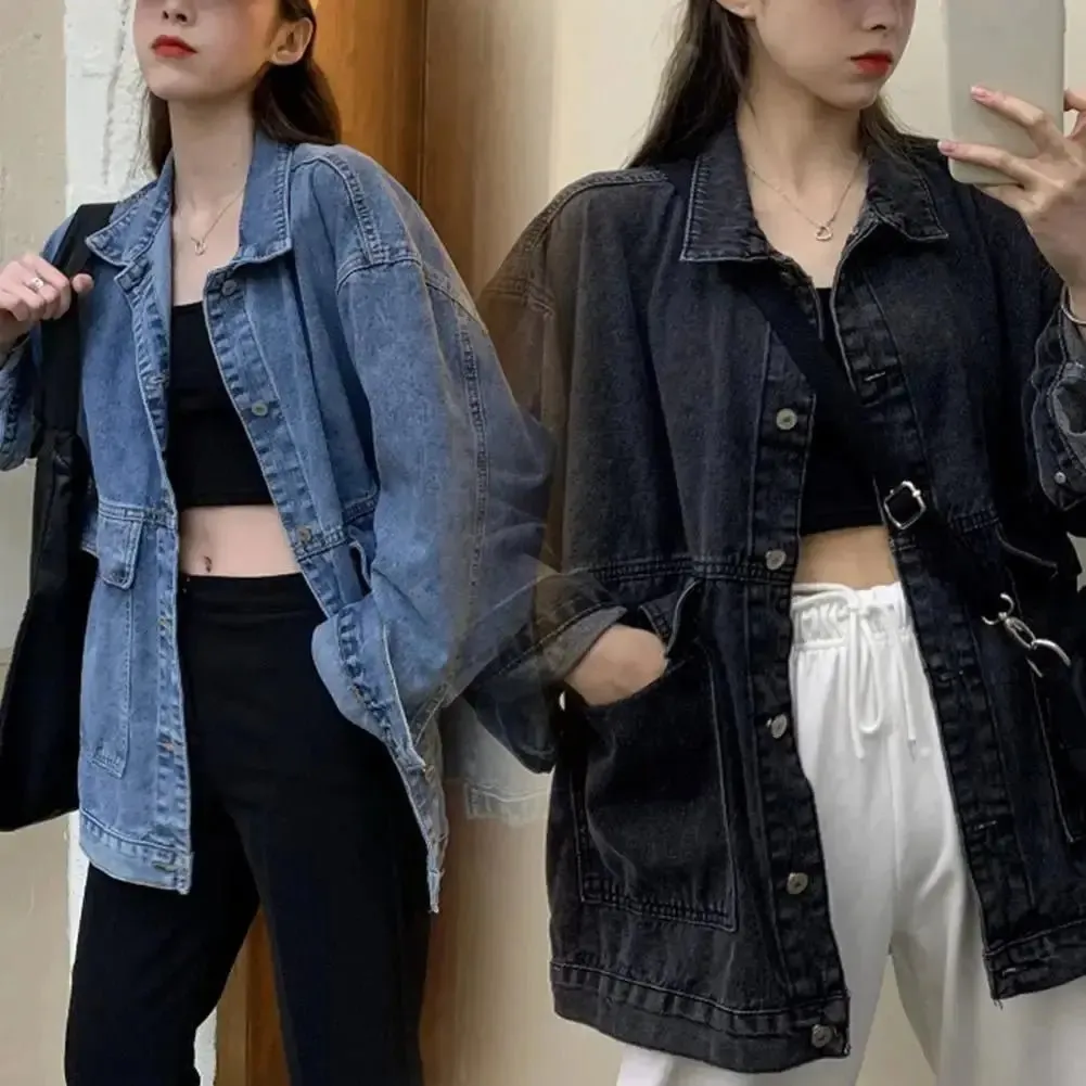 Women Jacket Washed Denim Single-breasted Cardigan Buttons Keep Warm Long Sleeves Turn-down Collar Women Coat Female Clothes