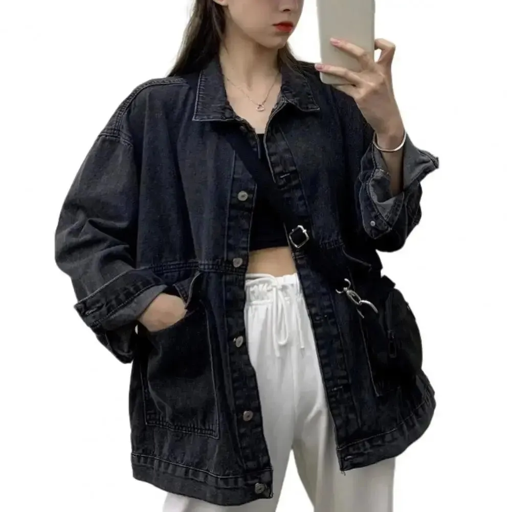 Women Jacket Washed Denim Single-breasted Cardigan Buttons Keep Warm Long Sleeves Turn-down Collar Women Coat Female Clothes