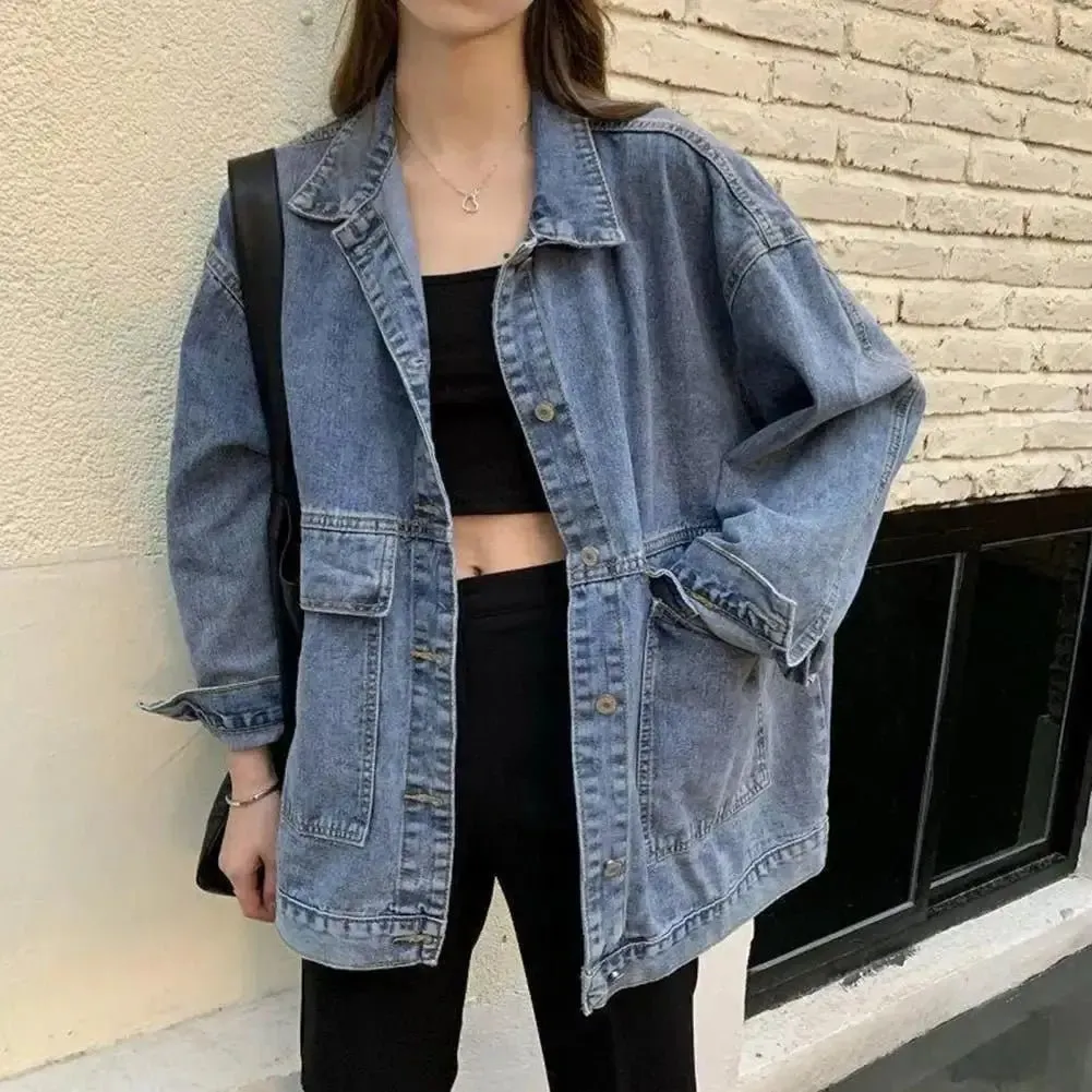 Women Jacket Washed Denim Single-breasted Cardigan Buttons Keep Warm Long Sleeves Turn-down Collar Women Coat Female Clothes