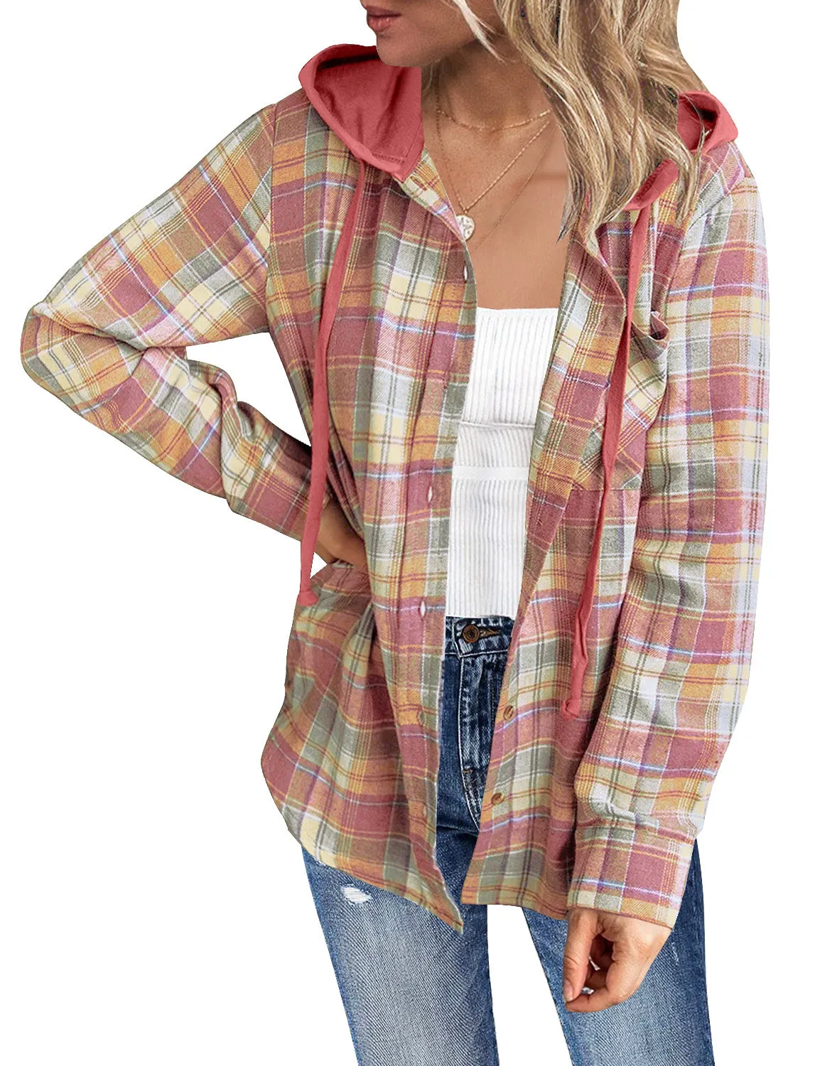 Women Long Sleeve Plaid Hoodie Button Down Blouse Loose Shacket Jacket