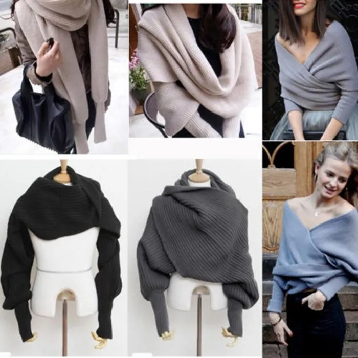 Women solid color Knitted Sweater Tops Scarf with Sleeve Wrap Winter Warm