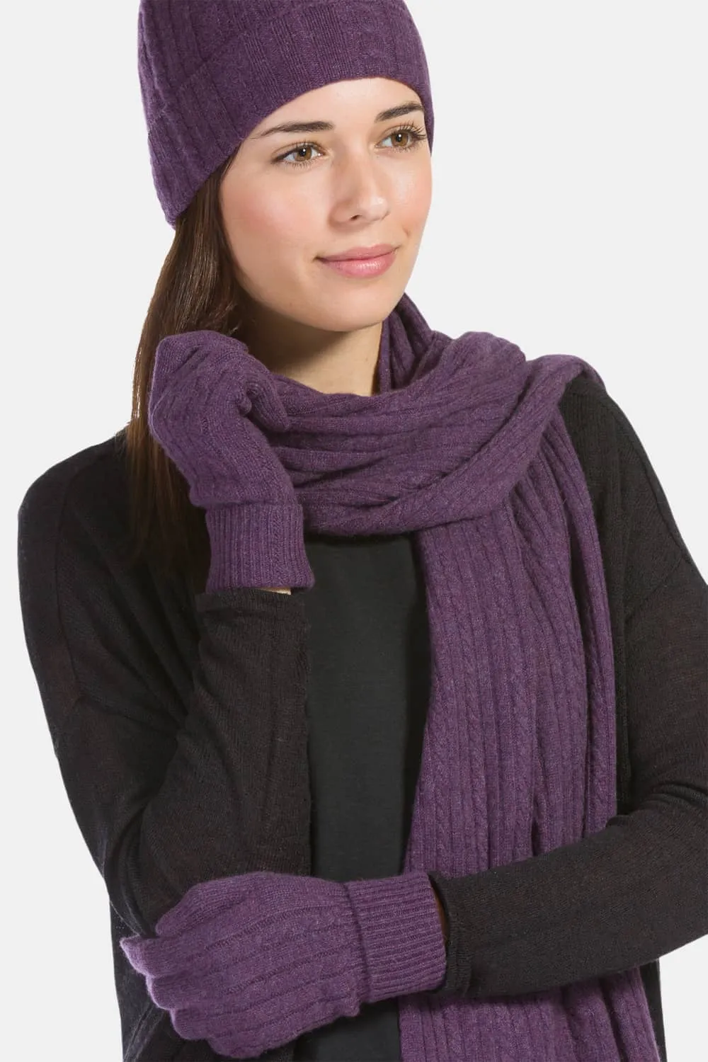 Women's 3pc 100% Pure Cashmere Cable Knit Hat Glove Scarf Set with Gift Box