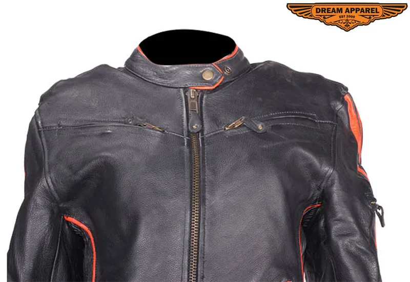 Women's Leather Racer Jacket With Double Orange Stripes Down Sleeves