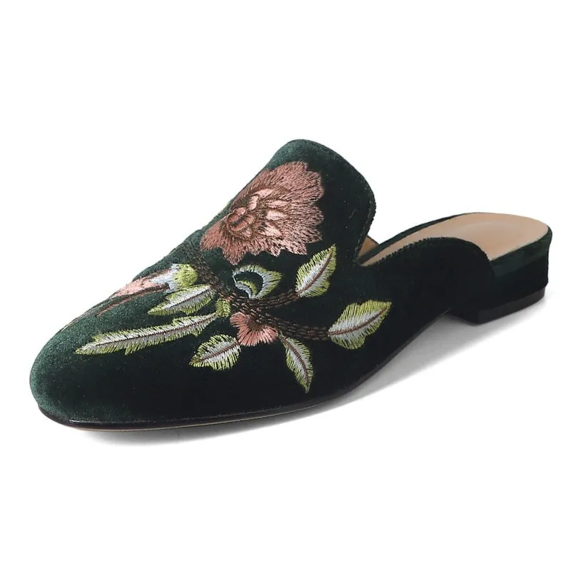 Women's Slippers Leather Embroidery Flowers Flats Loafers in Green/Camel/Black