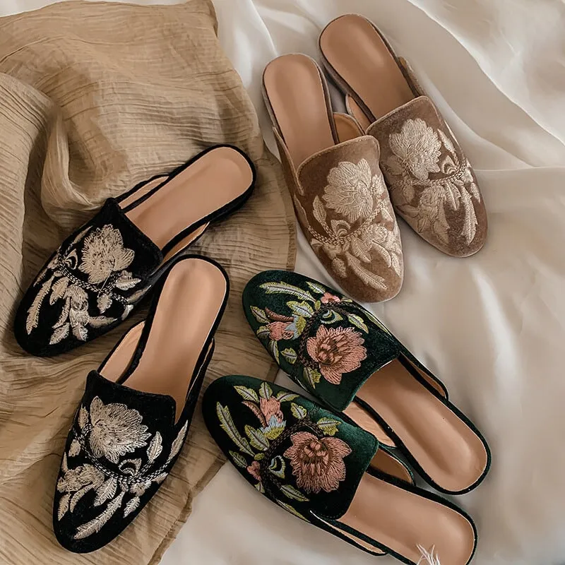 Women's Slippers Leather Embroidery Flowers Flats Loafers in Green/Camel/Black