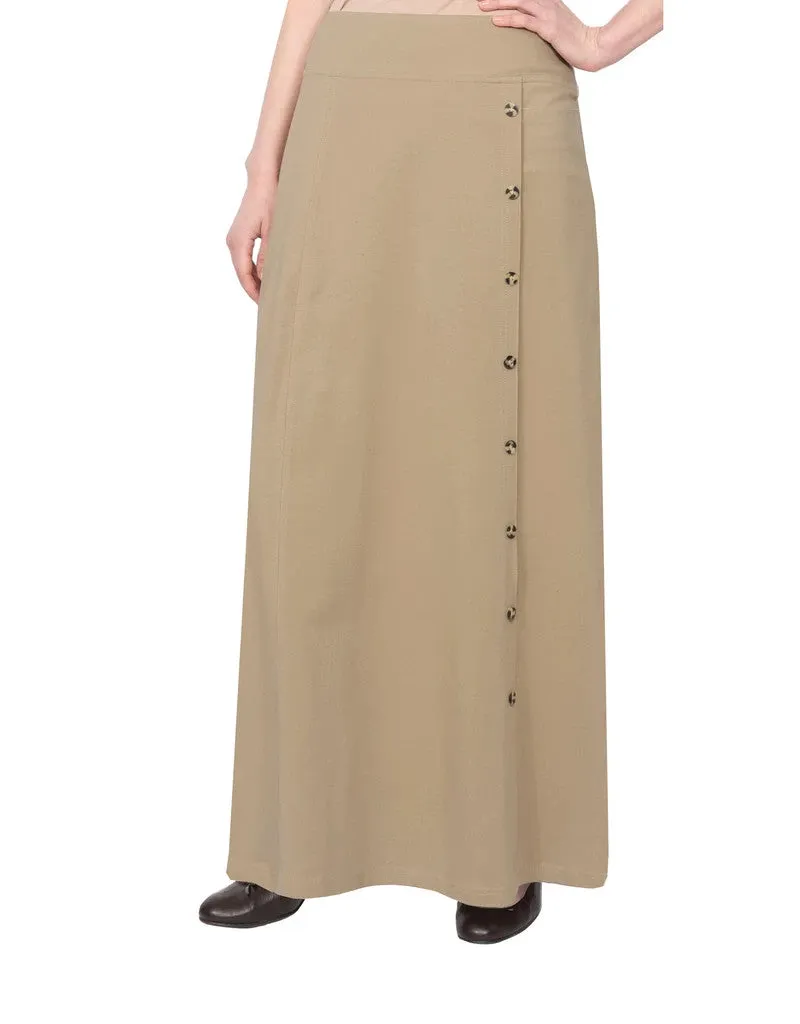 Women's Stretch Cotton Knit Faux Button Front Maxi A-Line Skirt