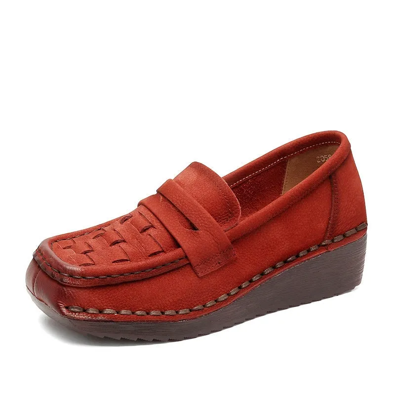 Woven Leather Wedge Penny Loafers for Women in Yellow/Grey/Red