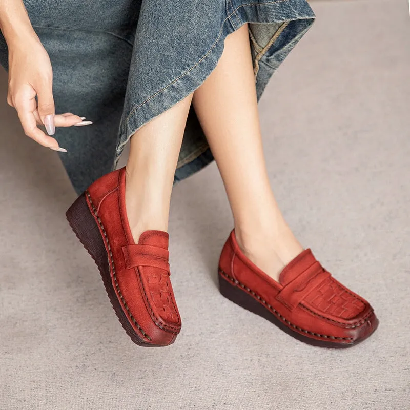 Woven Leather Wedge Penny Loafers for Women in Yellow/Grey/Red