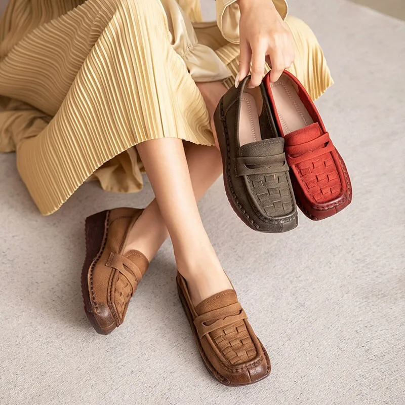 Woven Leather Wedge Penny Loafers for Women in Yellow/Grey/Red