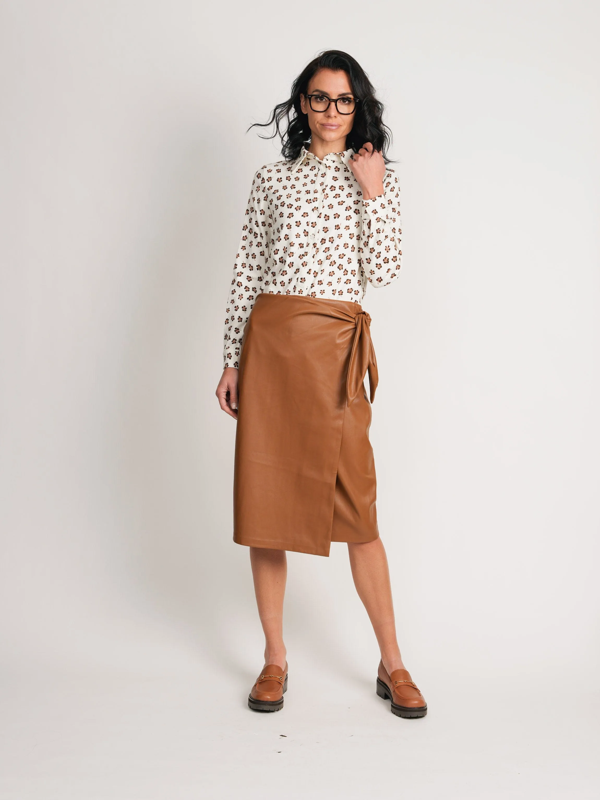 WRAP LEATHER SKIRT-BROWN